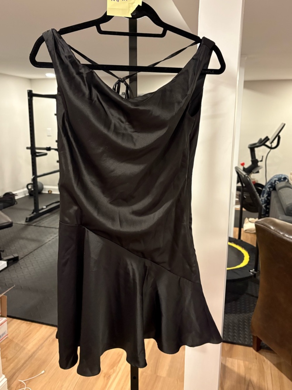 Black Satin Mini Dress with Flared Hem